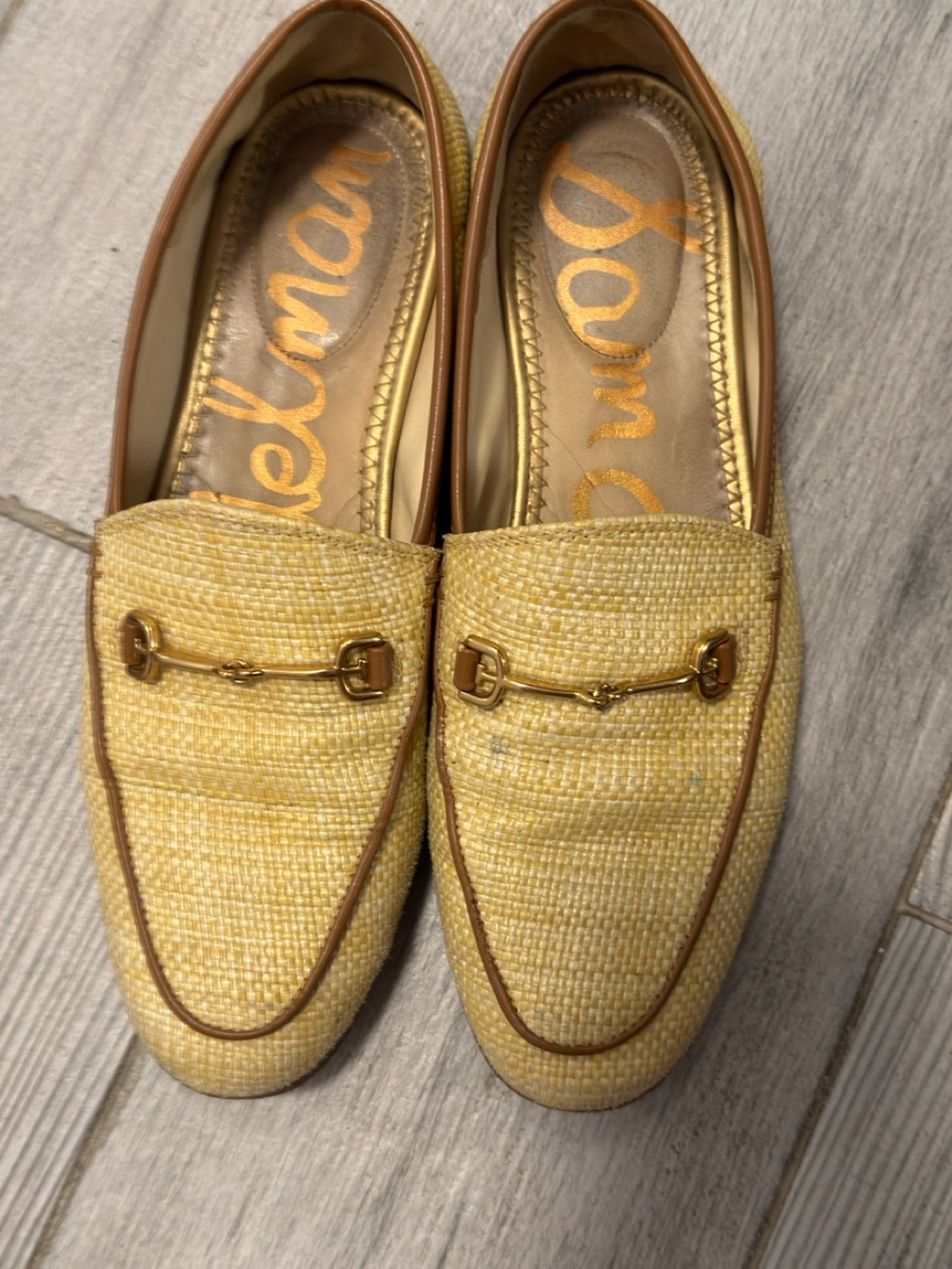 Sam Edelman Yellow Raffia Bit Loafers with Brown Trim